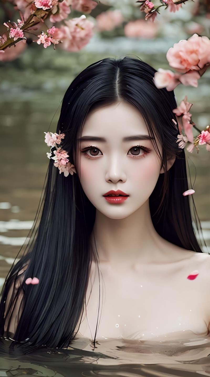 02491-2760201429-a woman with long black hair is surrounded by water with flowers, in the style of dreamlike realism, dark gray and orange, han d.png